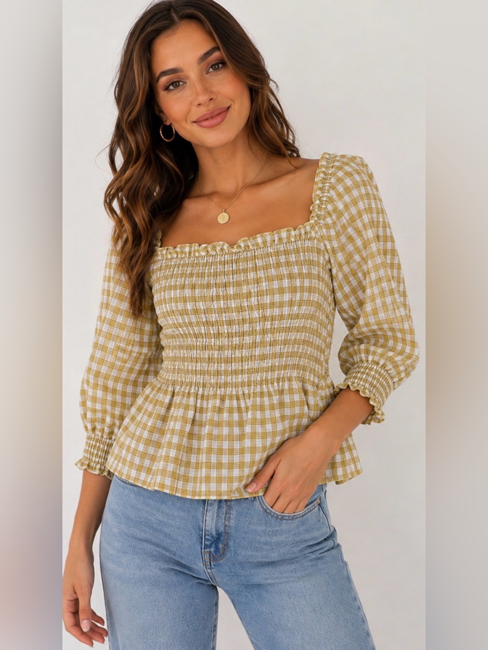 Max Studio Gingham Smocked Peplum Top Puff Sleeve Square Neck NWT  Size L